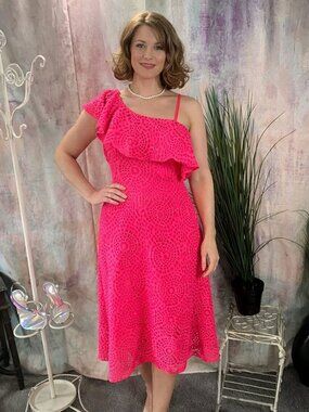 New📌Lilly Pulitzer Callisto One Shoulder Pink Cosmo Sea Urchin Lace Dress